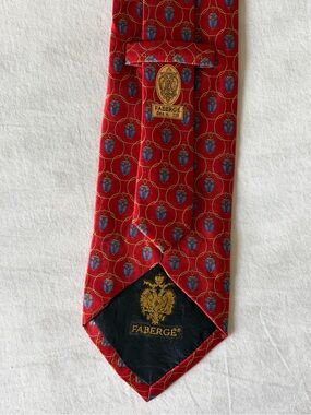 Faberge Vintage Silk Neck Tie Made in USA Red Blue Old Money Egg Careerwear
